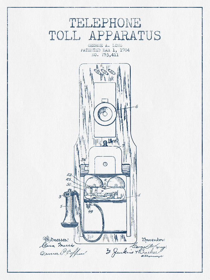 Vintage Digital Art - Telephone Toll Apparatus Patent Drawing From 1904 - Blue Ink by Aged Pixel