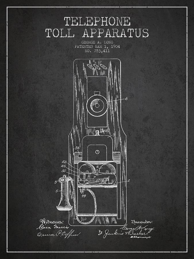Vintage Digital Art - Telephone Toll Apparatus Patent Drawing From 1904 - Dark by Aged Pixel