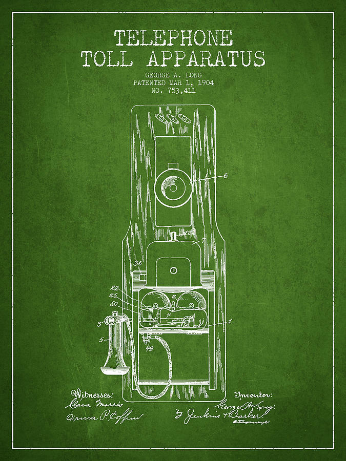 Vintage Digital Art - Telephone Toll Apparatus Patent Drawing From 1904 - Green by Aged Pixel