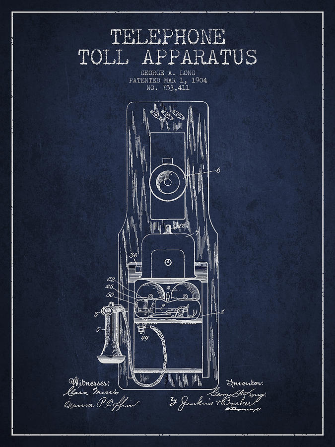 Vintage Digital Art - Telephone Toll Apparatus Patent Drawing From 1904 - Navy Blue by Aged Pixel