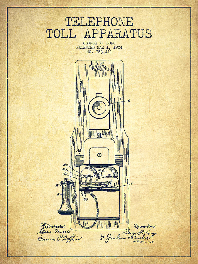 Vintage Digital Art - Telephone Toll Apparatus Patent Drawing From 1904 - Vintage by Aged Pixel