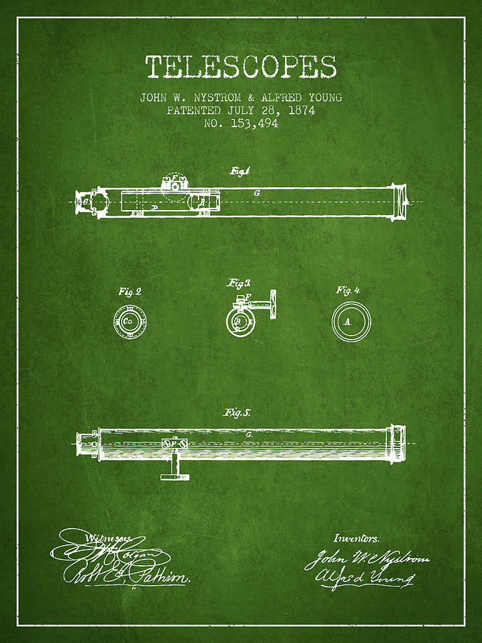 Space Digital Art - Telescope patent from 1874 - Green by Aged Pixel