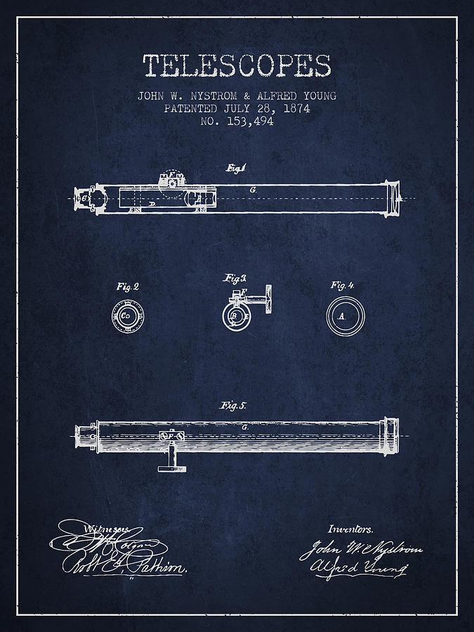 Space Digital Art - Telescope patent from 1874 - Navy Blue by Aged Pixel