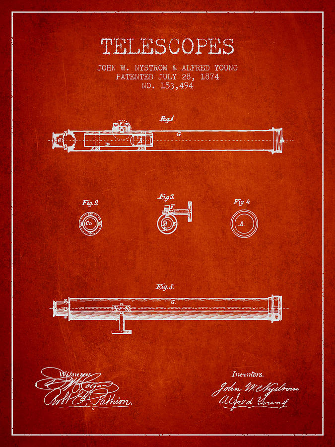 Telescope Patent From 1874 - Red Digital Art