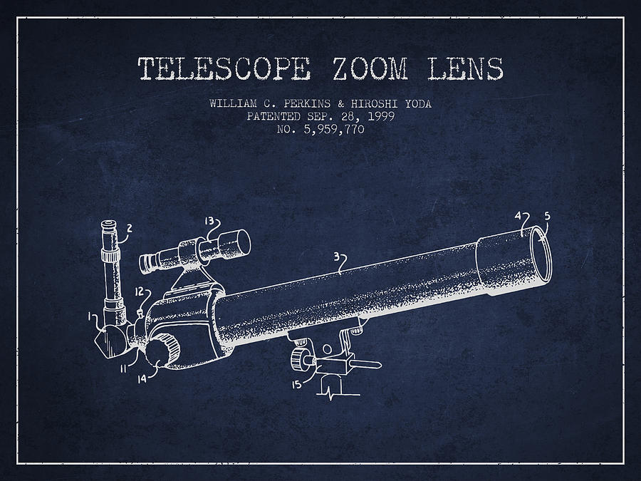 Space Digital Art - Telescope Zoom Lens Patent from 1999 - Navy Blue by Aged Pixel