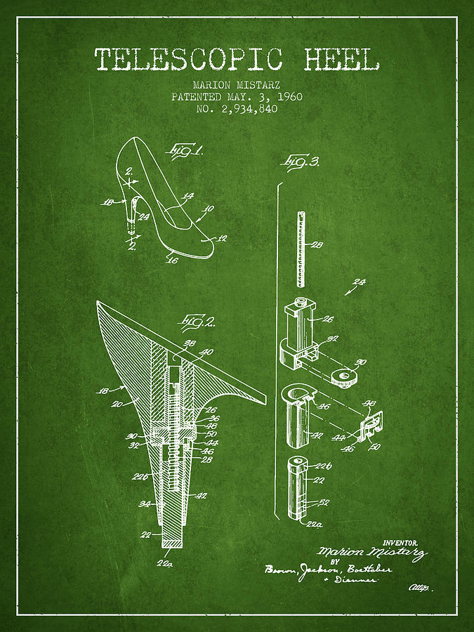 Boot Digital Art - Telescopic Heel Patent from 1960 - Green by Aged Pixel