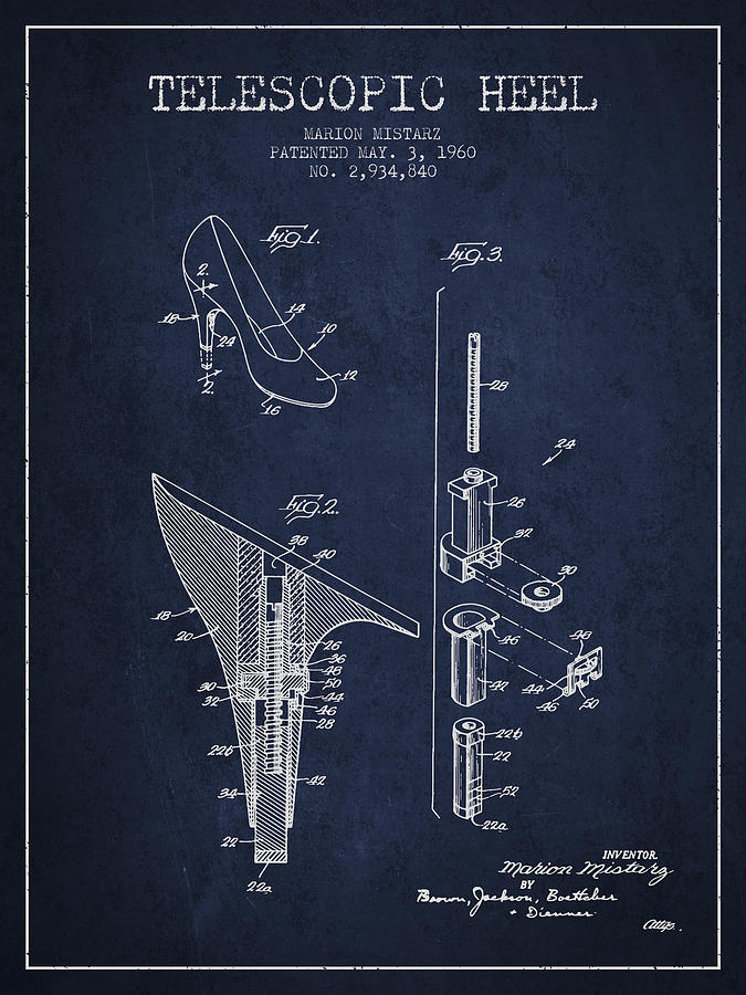 Boot Digital Art - Telescopic Heel Patent from 1960 - Navy Blue by Aged Pixel