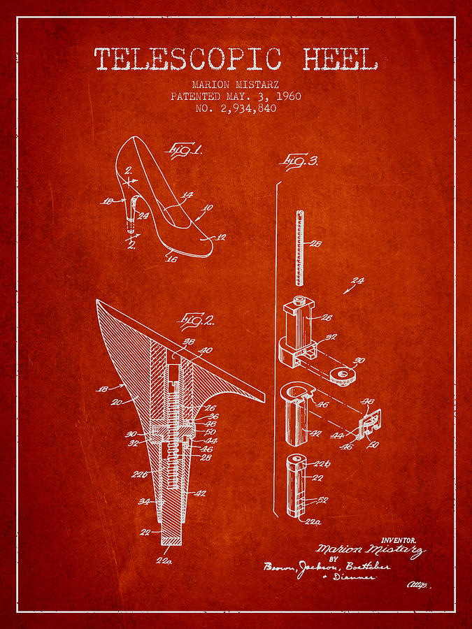 Boot Digital Art - Telescopic Heel Patent from 1960 - Red by Aged Pixel