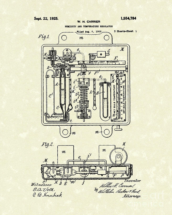 Carrier Drawing - Temperature Regulator 1925 Patent Art by Prior Art Design
