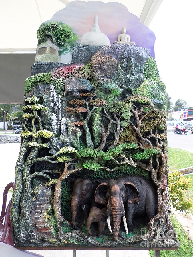 Temple And Elephant Pyrography by Sunanda Yapa