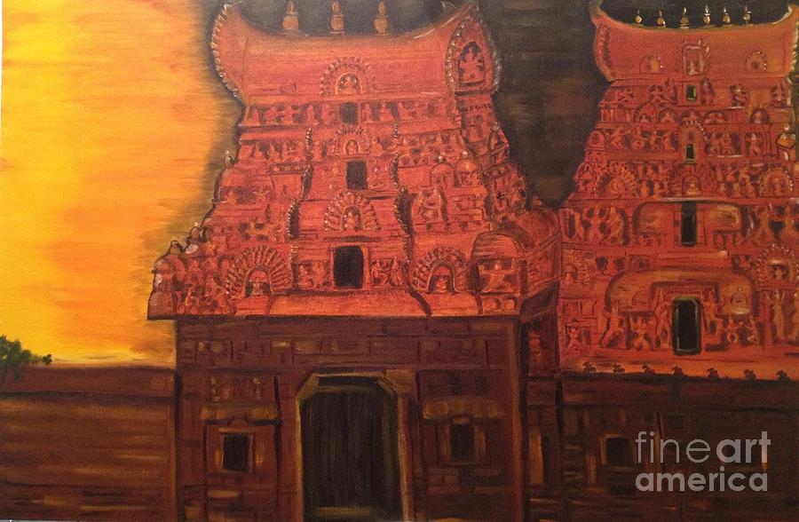 Temple at Dawn 2 Painting by Brindha Naveen