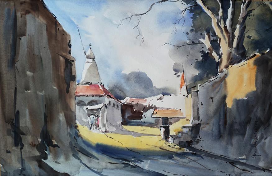 Temple in a village in watercolor top medium