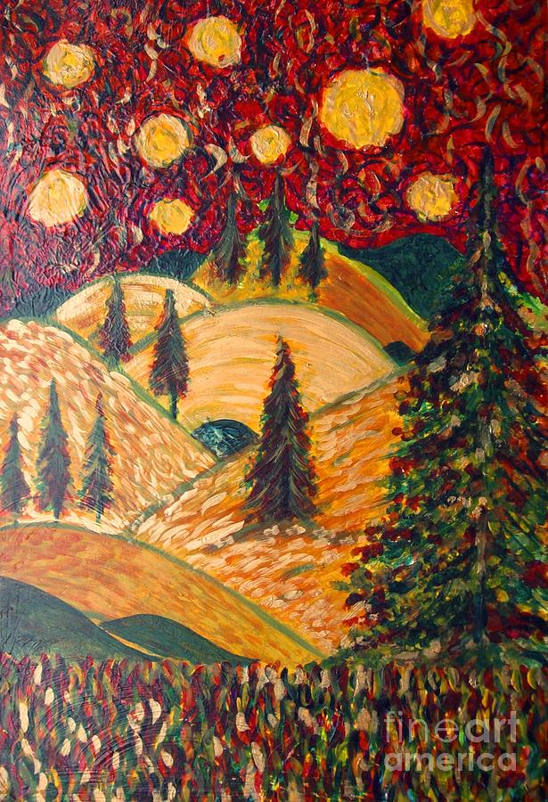 Ten Moons in Scarlet Sky Painting by Jacqui Hawk