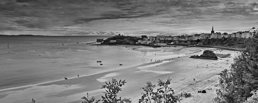 Boat Photograph - Tenby Panorama 3 Mono by Steve Purnell