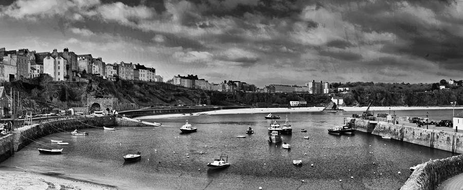 Boat Photograph - Tenby Panorama Mono 2 by Steve Purnell