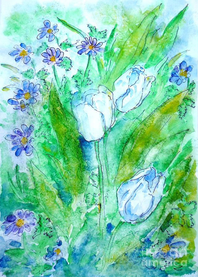 White Tulips and Wildflowers Painting by Zaira Dzhaubaeva