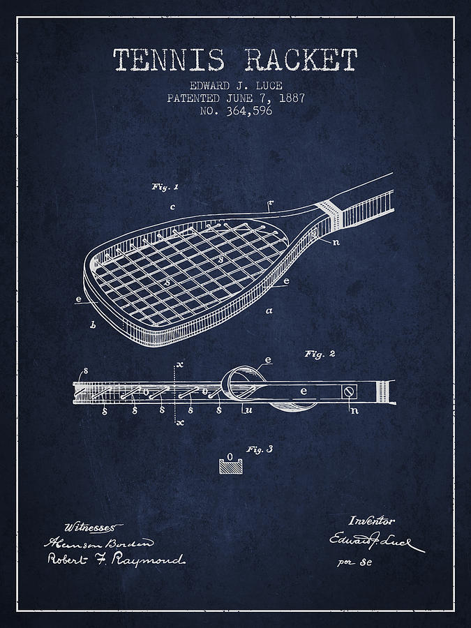 Tennis Racket Patent From 1887 - Navy Blue Digital Art
