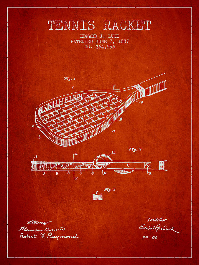 Tennis Racket Patent From 1887 - Red Digital Art