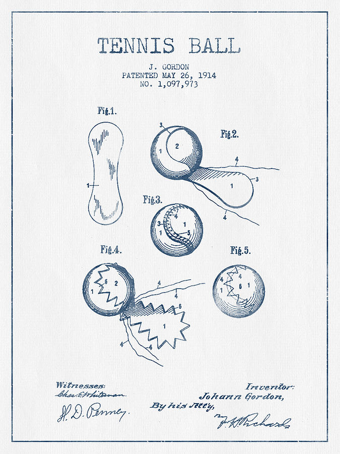 Tennis Digital Art - Tennnis Ball Patent Drawing from 1914  -  Blue Ink by Aged Pixel