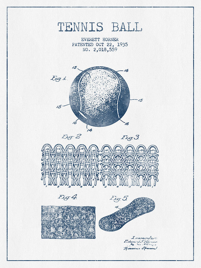 Tennis Digital Art - Tennnis Ball Patent Drawing from 1935  -  Blue Ink by Aged Pixel