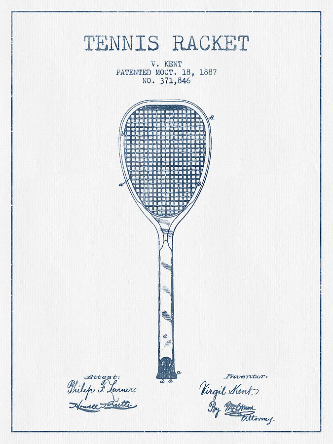 Tennis Digital Art - Tennnis Racket Patent Drawing from 1887 -  Blue Ink by Aged Pixel