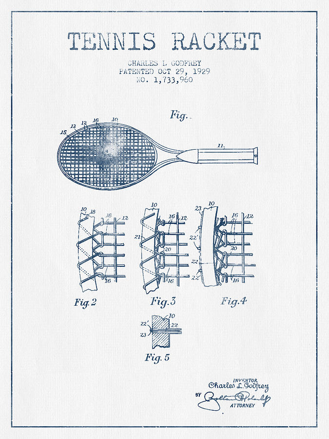 Tennis Digital Art - Tennnis Racket Patent Drawing from 1929  -  Blue Ink by Aged Pixel