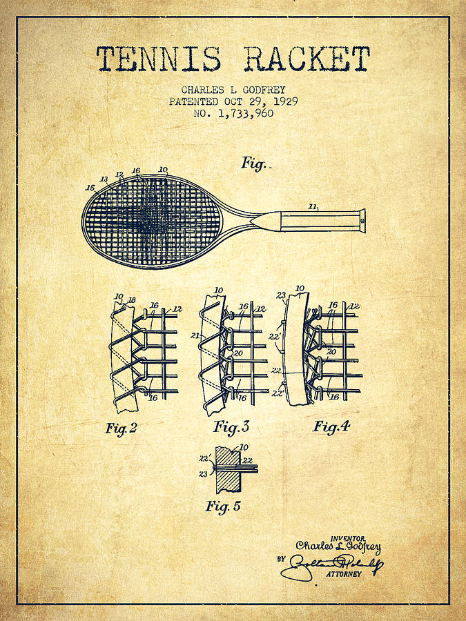 Tennis Digital Art - Tennnis Racket Patent Drawing from 1929 - Vintage by Aged Pixel