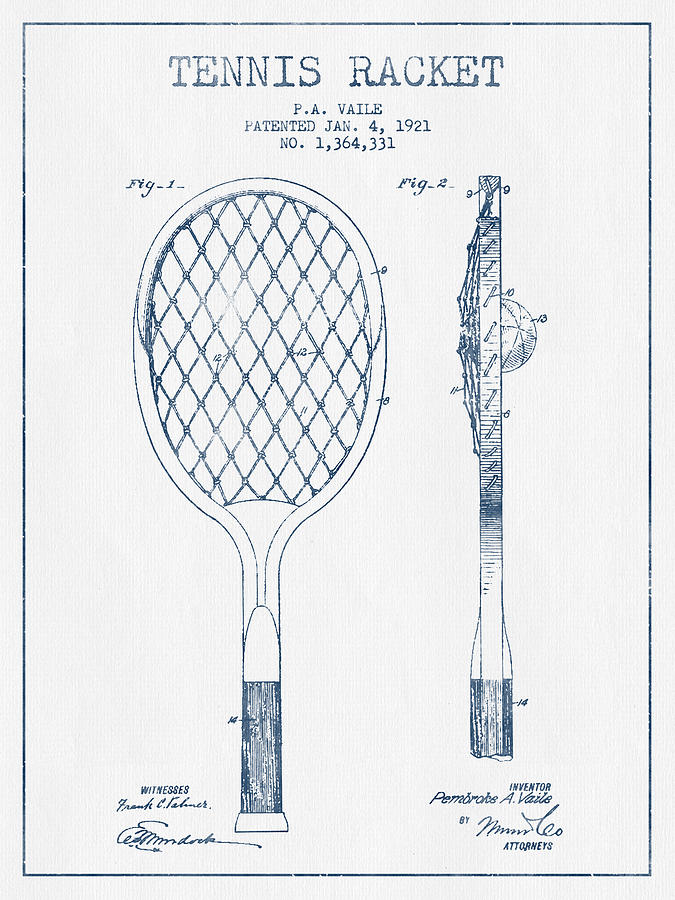 Tennis Digital Art - Tennnis Racketl Patent Drawing from 1921 -  Blue Ink by Aged Pixel