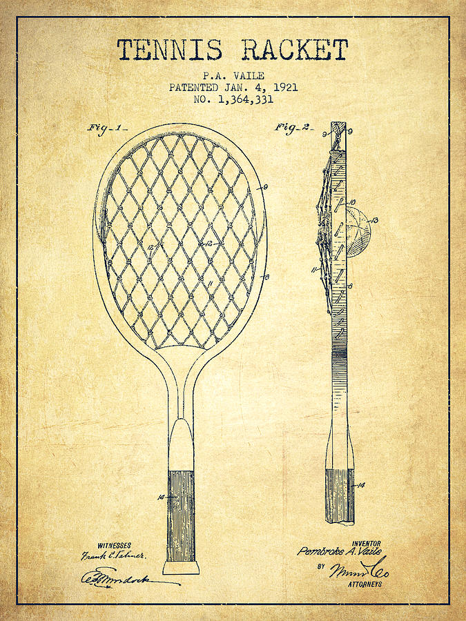 Sports Digital Art - Tennnis Racketl Patent Drawing from 1921 - Vintage by Aged Pixel