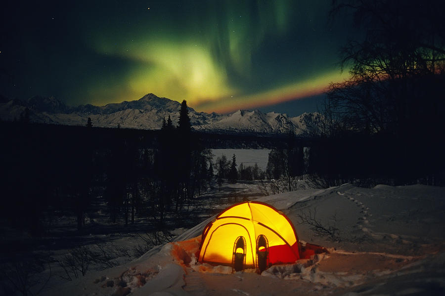 Winter Photograph - Tent Camping Winter Northern Lights by Calvin Hall