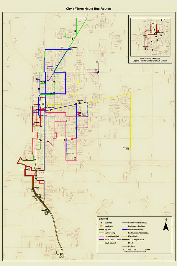 City Photograph - Terre Haute Indiana Bus Routes Map by Mountain Dreams