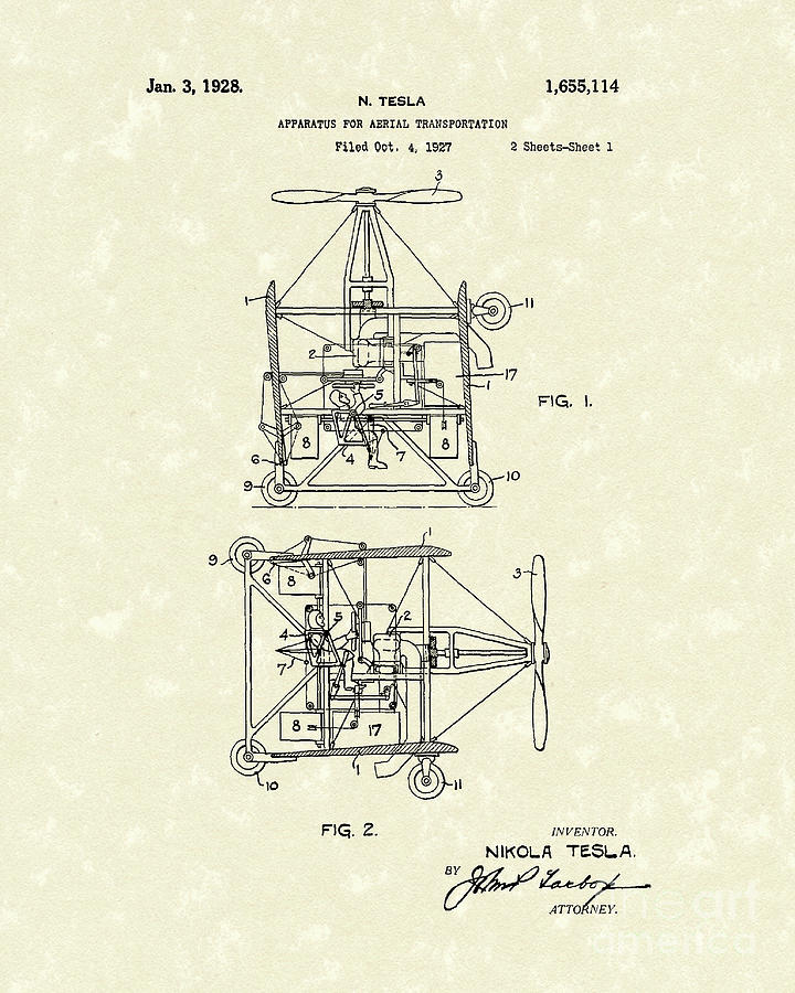 Tesla Aerial Apparatus 1928 Patent Art Drawing by Prior Art Design