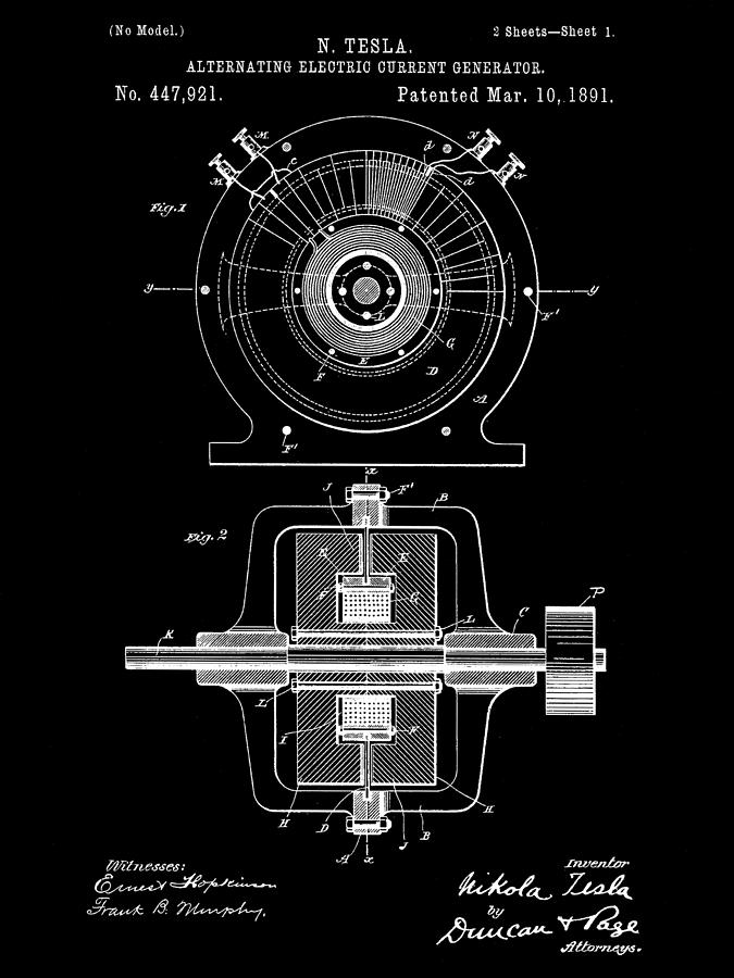 Tesla Alternating Electric Current Generator Patent 1891 - Black Digital Art by Stephen Younts