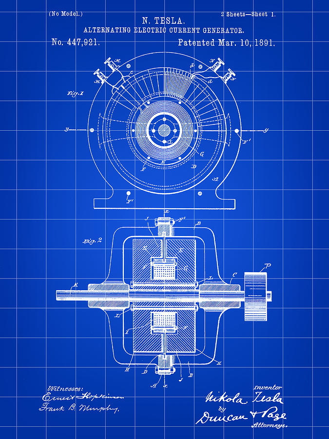 Tesla Alternating Electric Current Generator Patent 1891 - Blue Digital Art by Stephen Younts
