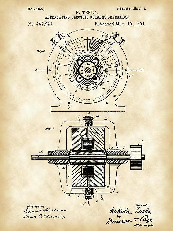 Tesla Alternating Electric Current Generator Patent 1891 - Vintage Digital Art by Stephen Younts