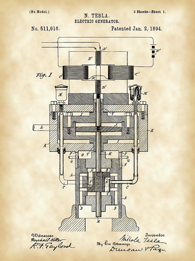 Vintage Digital Art - Tesla Electric Generator Patent 1894 - Vintage by Stephen Younts