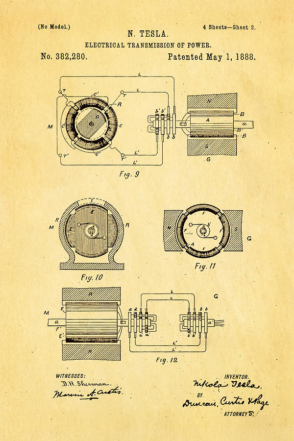 Vintage Photograph - Tesla Electrical Transmission of Power Patent Art 2 1888 by Ian Monk