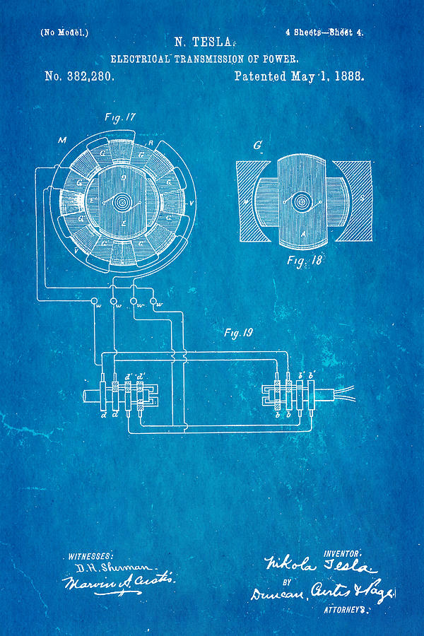 Vintage Photograph - Tesla Electrical Transmission of Power Patent Art 4 1888 Blueprint by Ian Monk