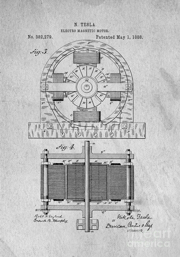 Vintage Digital Art - Tesla Electro Magnetic Motor Patent 1888 by Edward Fielding