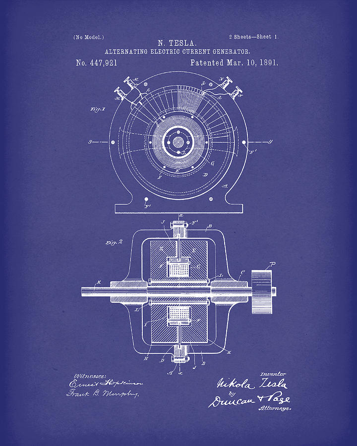 Tesla Generator 1891 Patent Art  Blue Drawing by Prior Art Design