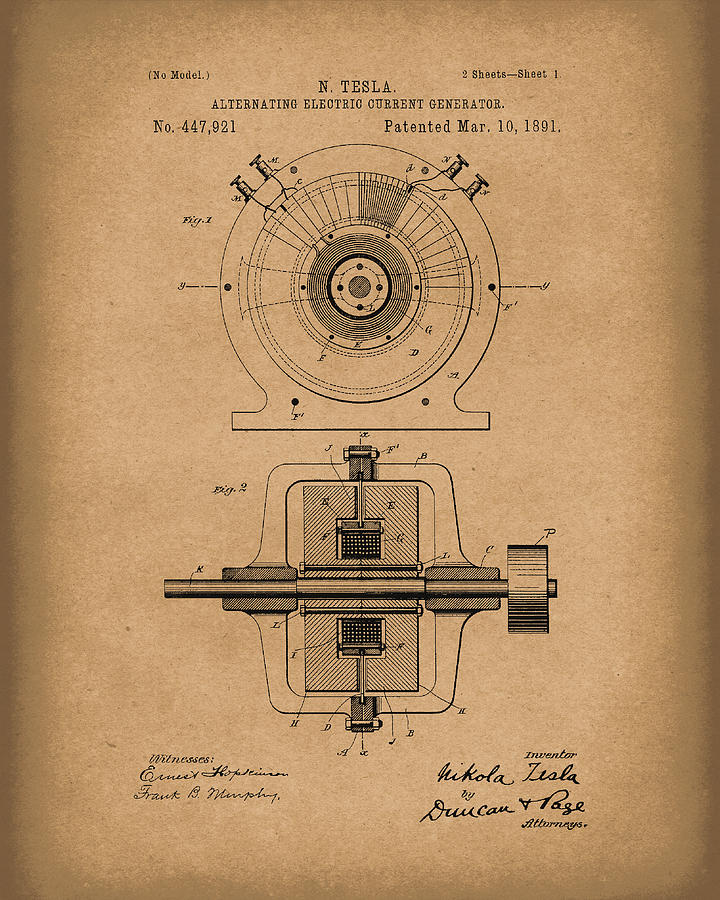 Tesla Generator 1891 Patent Art  Brown Drawing by Prior Art Design