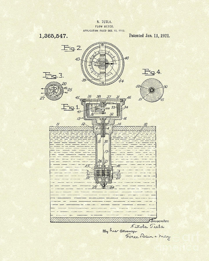 Tesla Meter 1921 Patent Art Drawing by Prior Art Design