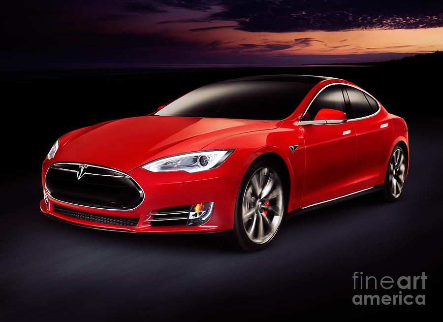 Car Photograph - Tesla Model S red luxury electric car outdoors by Maxim Images Exquisite Prints