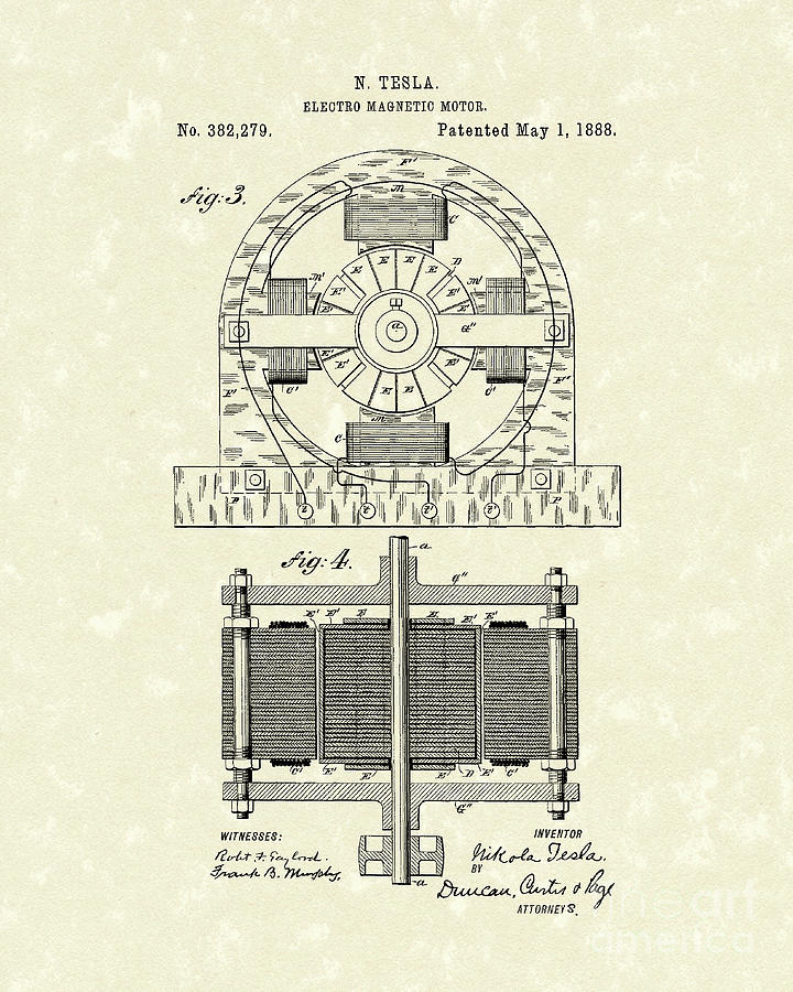 Tesla Motor 1888 Patent Art Drawing by Prior Art Design