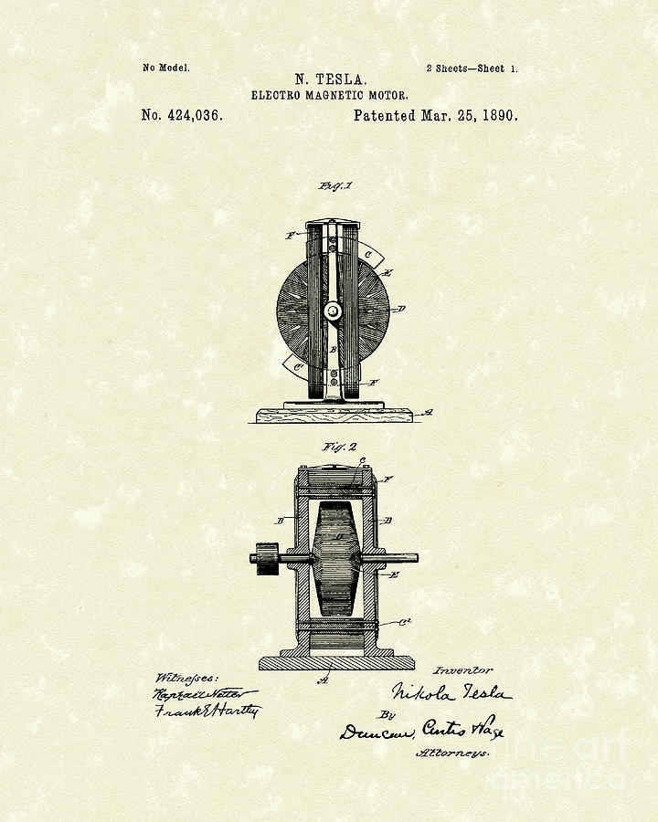 Tesla Motor 1890 Patent Art Drawing by Prior Art Design