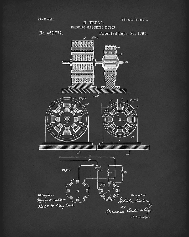 Tesla Motor Sept 1891 Patent Art Black Drawing by Prior Art Design