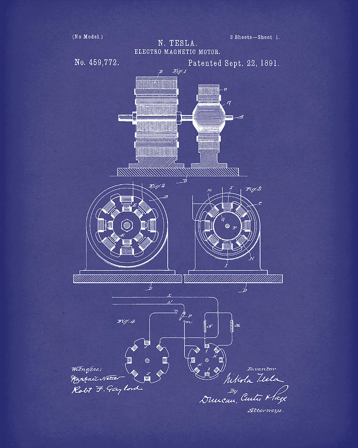 Tesla Motor Sept 1891 Patent Art Blue Drawing by Prior Art Design