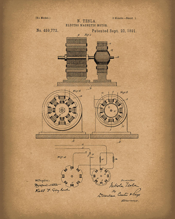 Tesla Motor Sept 1891 Patent Art Brown Drawing by Prior Art Design