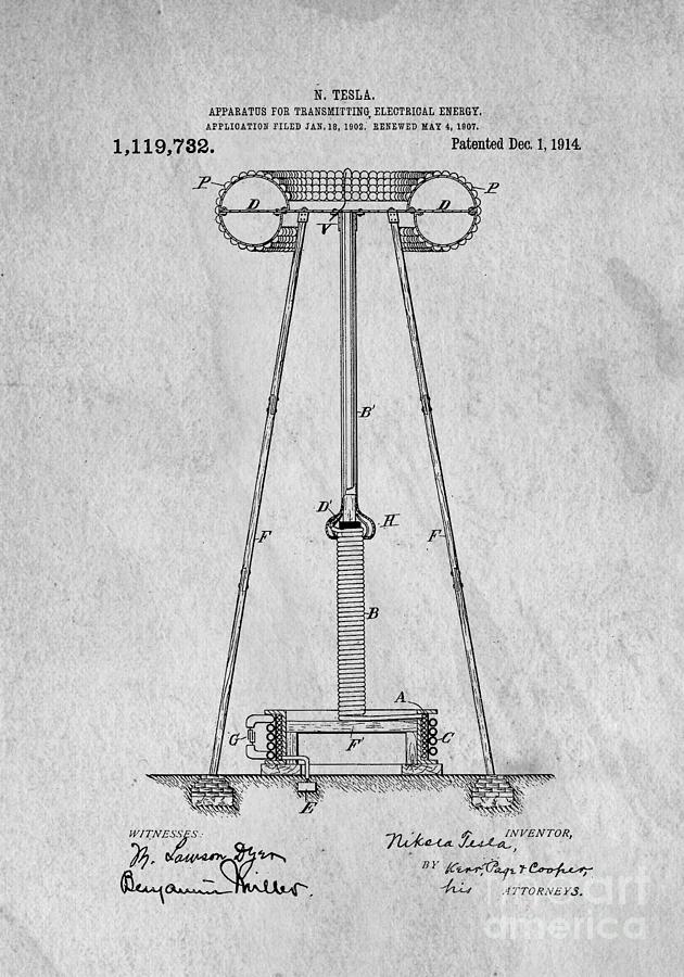 Tesla Patent for Transmitting Electrical Energy 1914 Digital Art by Edward Fielding