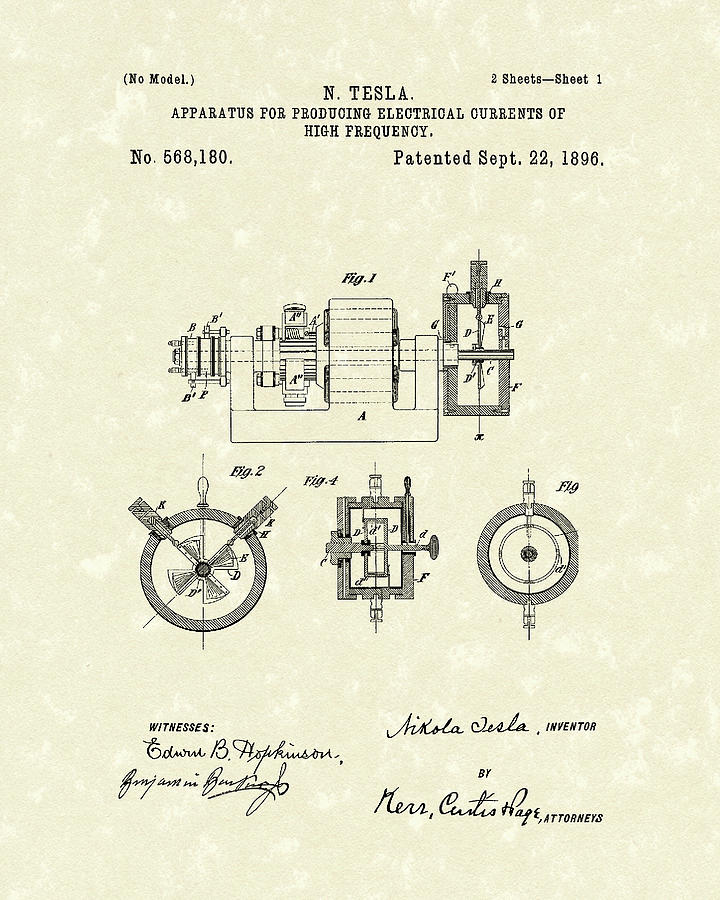 Tesla Radio Transmitter 1896 Patent Art Drawing by Prior Art Design